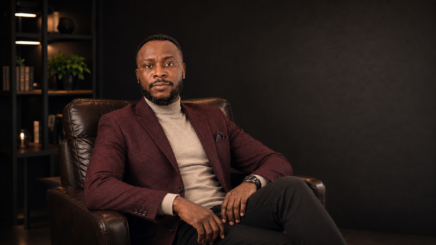 Lex seated in a burgundy jacket in a private studio setting